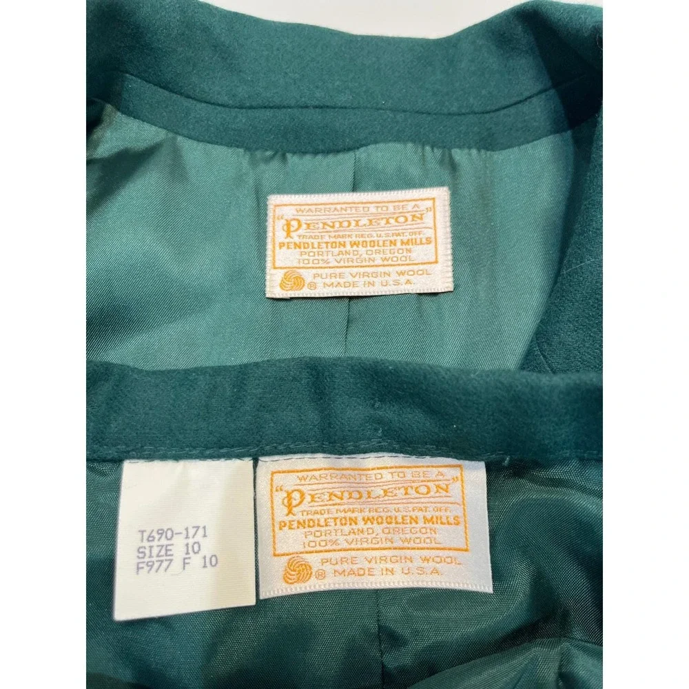 Vtg Pendleton Womens Wool Blazer Skirt Suit Set 10 Green Career Classic USA Gold